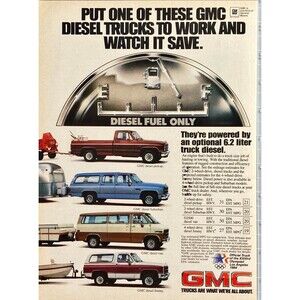GMC Diesel Trucks "Jimmy-Van-Suburban & Pickup Trucks" Vintage Print Ad 1982